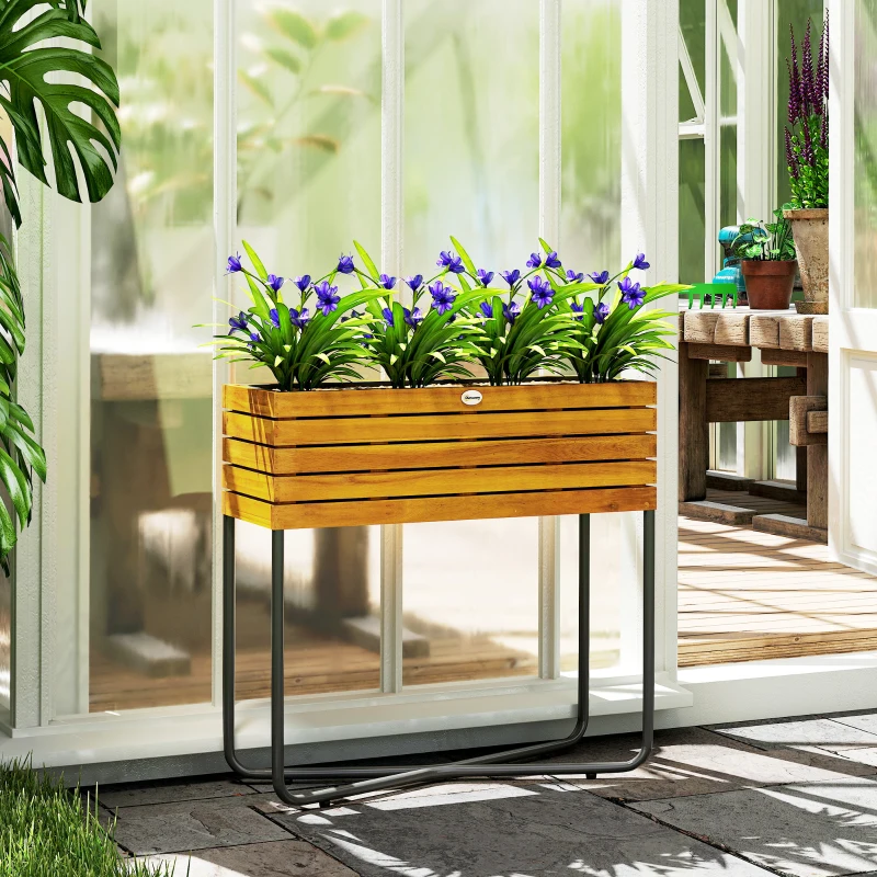 Outsunny Blumenkasten auf Beinen rechteckig mit Drainagelöchern aus Akazienholz 62 x 22,5 x 61 cm Naturholzoptik