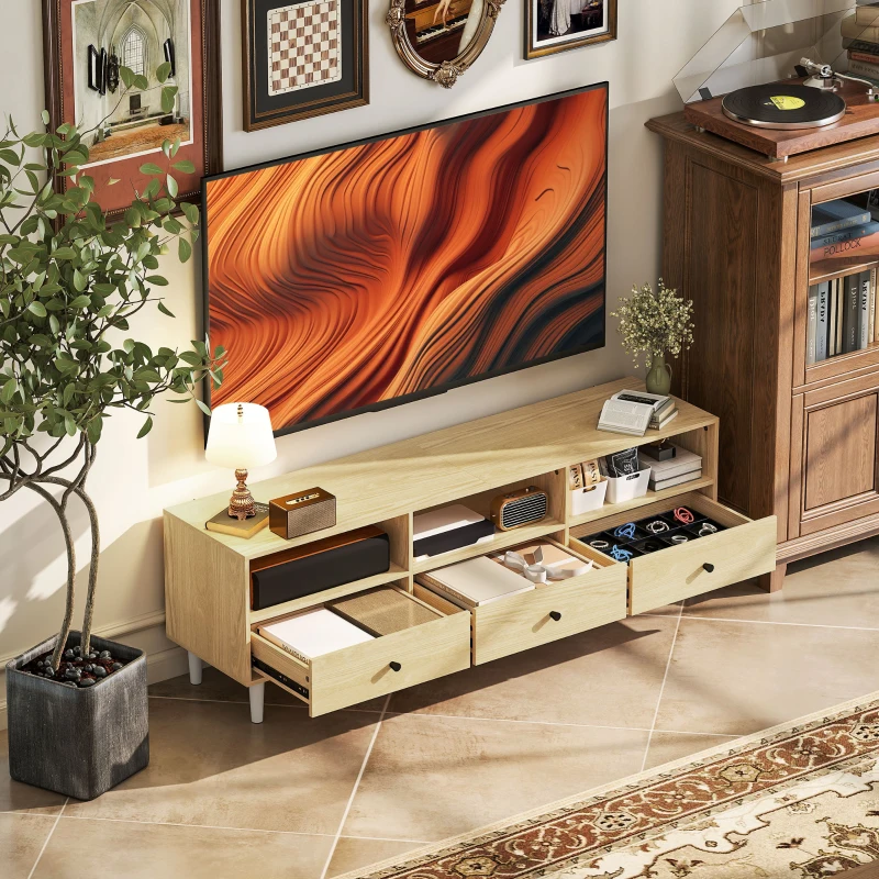 HOMCOM TV-Möbel bis zu 75" mit 3 Schubladen, 3 offenen Regalen und Kabeldurchführung, 140 x 34 x 45 cm, Naturholz