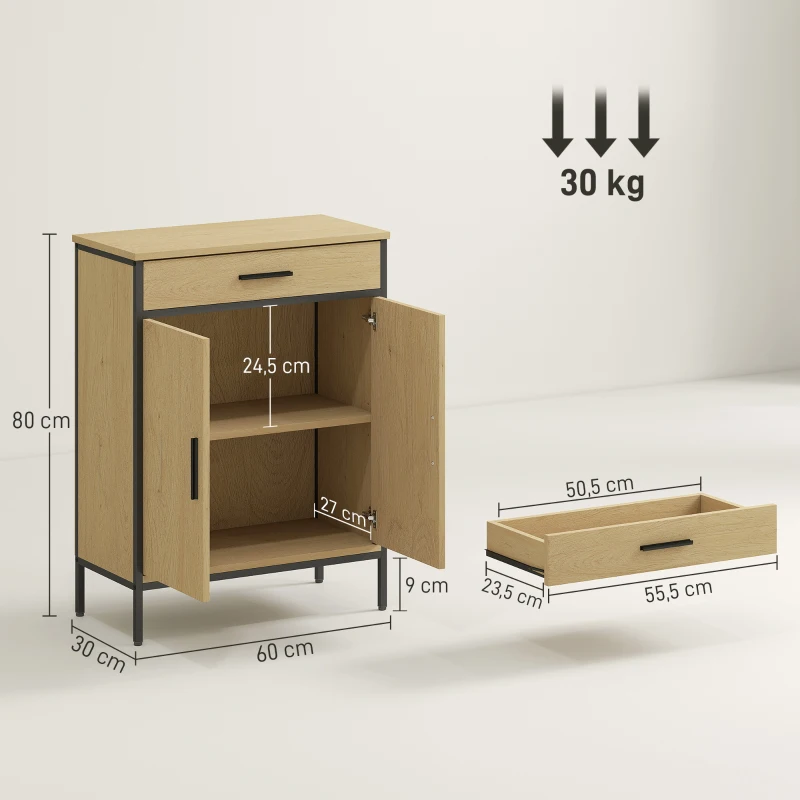 HOMCOM Meuble de salle de bain avec tiroir, placard à porte, étagère réglable et charnières à fermeture, 60 x 30 x 80 cm, chêne