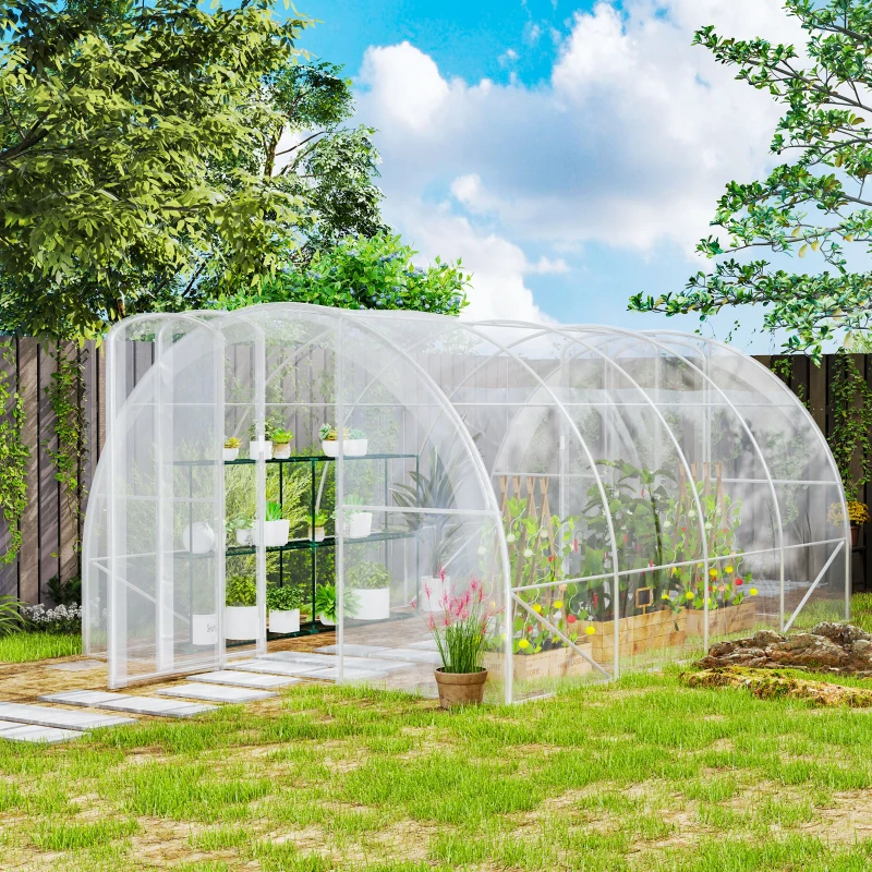Outsunny Garten-Tunnelgewächshaus 4 x 3 x 2 m 12 m² mit 2 Türen mit Scharnieren PE 150 g/m² für Gemüse Pflanzen Blumen