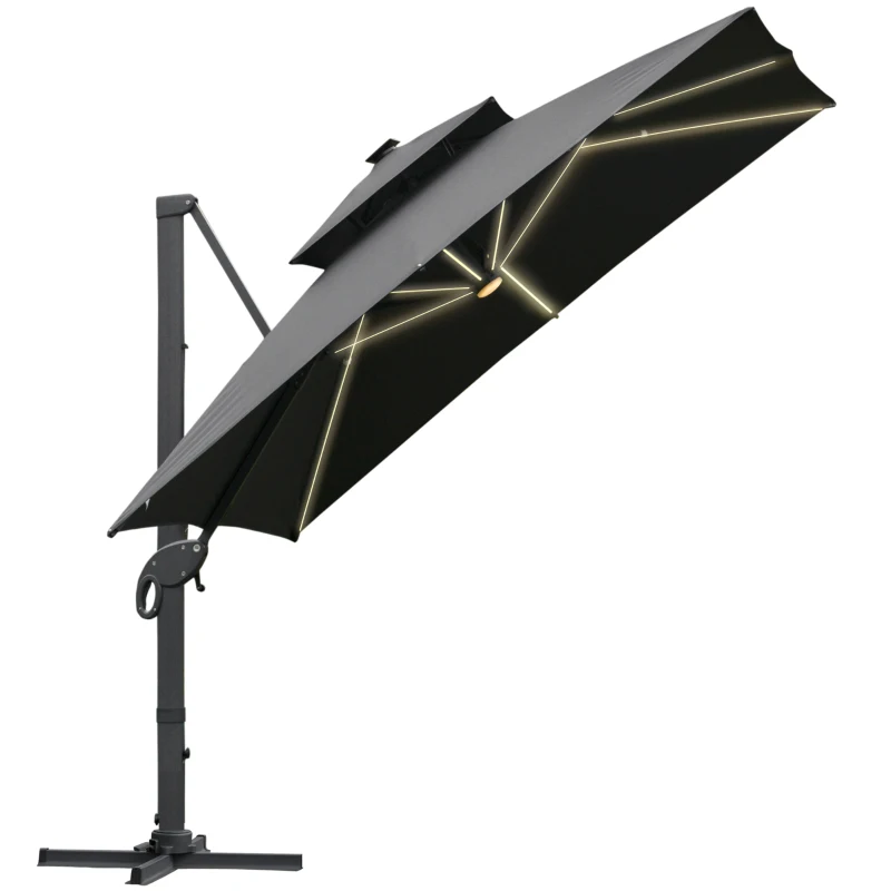 Outsunny Rechteckiger LED-Cantilever-Sonnenschirm, neigbar, drehbar, mit Kurbel, Stahl-Aluminium-Gestell, Maße 3L x 3B x 2,66H m, Polyester Grau