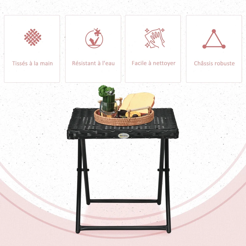 Outsunny Table basse pliable de jardin style cosy chic dim. 40L x 40l x 40H cm acier résine tressée noir
