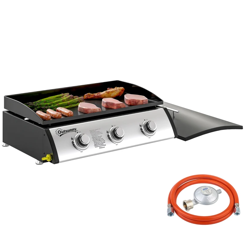 Outsunny Plancha gaz 3 brûleurs 7,5 kW, surface cuisson 61 x 35,5 cm avec couvercle, gaz liquéfié/propane, 63 x 47 x 25 cm noir