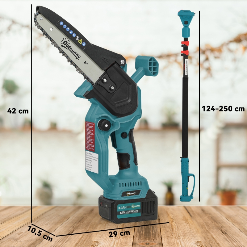 Outsunny Mini tronçonneuse à batterie 8 pouces 6000mAh 580W élagueuse sans fil pour branches et jardin perche télescopique bleu(m-3)