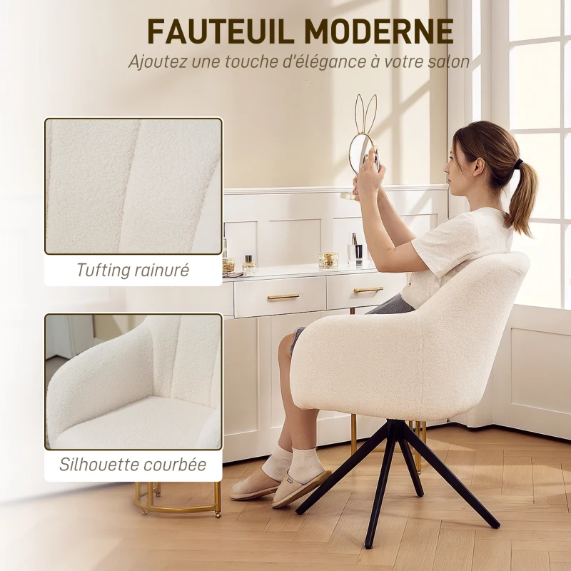 HOMCOM Fauteuil de salon pivotant capitonné grand confort piètement en acier et tissu effet polaire teddy blanc