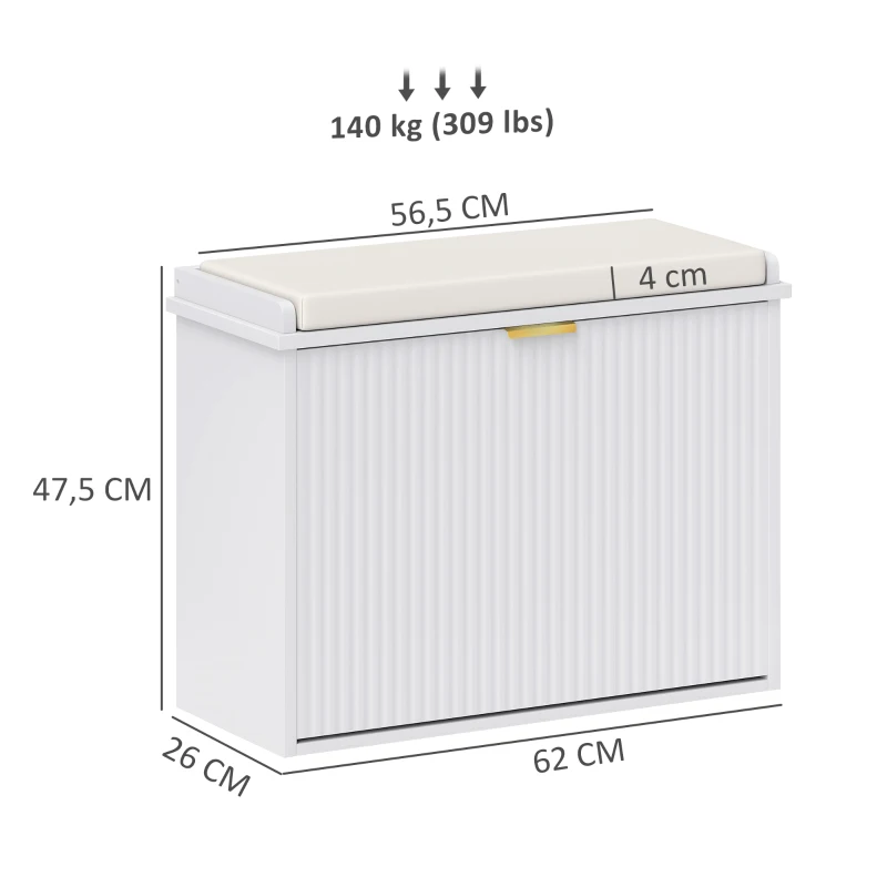 HOMCOM Schuhschrank mit gepolsterter Sitzkissen und klappbarem Schuhfach für Flur, Schlafzimmer, 62 x 26 x 47,5 cm, weiß