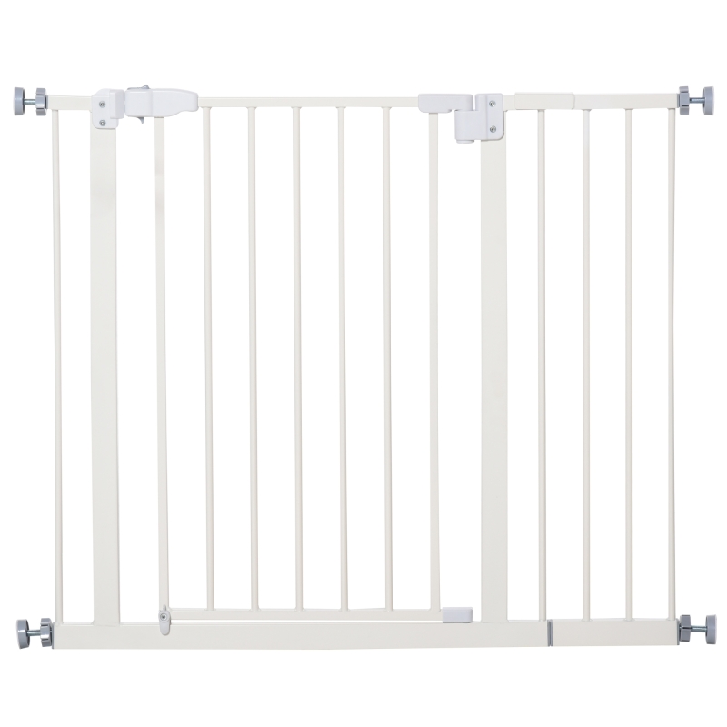 PawHut Barrière de sécurité sans perçage largueur réglable 74-80 / 91,5-97,5 cm double verrouillage fermeture automatique barrière chien pour porte couloir escalier acier blanc