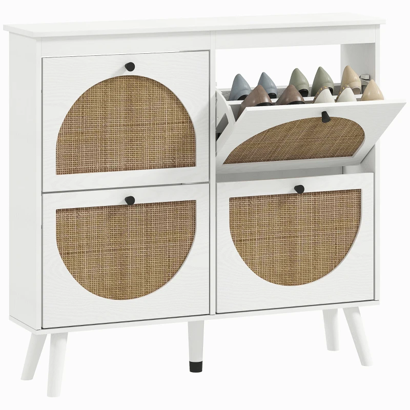 HOMCOM Schuhregal 4 abklappbare Türen 20 Paare verstellbares Regal Bohème-Stil Massivholzfüße 105 x 24 x 97,5 cm Weiß