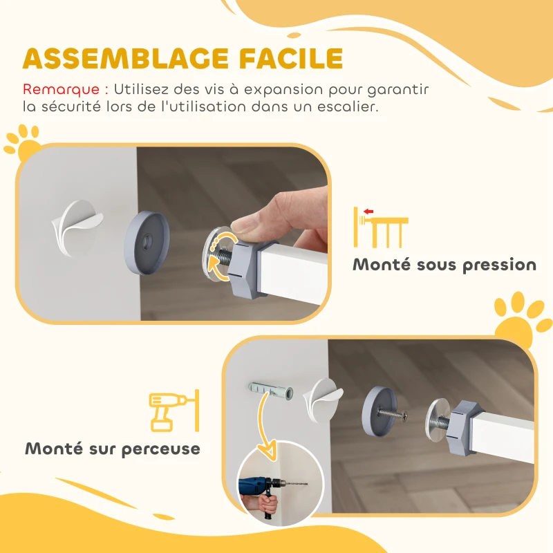 PawHut Barrière de sécurité sans perçage largueur réglable 74-80 / 91,5-97,5 cm double verrouillage fermeture automatique barrière chien pour porte couloir escalier acier blanc
