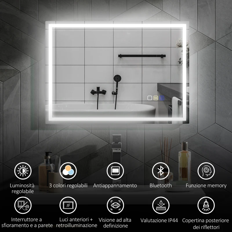 HOMCOM Specchio Bagno Antiappannante con Luce LED Regolabile, Speaker Bluetooth, Pulsanti Touch, 50x70 cm