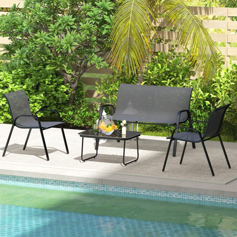 Outsunny Garten-Set mit Zweisitzer-Sofa, 2 stapelbaren Sesseln und Glastisch, Schwarz
