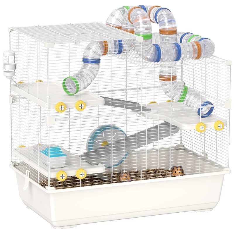 PawHut Hamsterkäfig mit 4 Etagen mit Röhren, Rad, 3 Türen und Tablett, aus Metall, PP und PS, 78x45x73 cm, Weiß