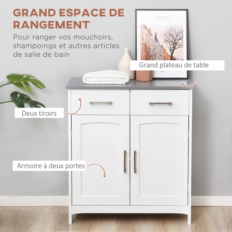 kleankin Meuble de salle de bain avec 2 tiroirs, placard avec portes, étagère réglable, 68 x 33 x 76 cm, blanc