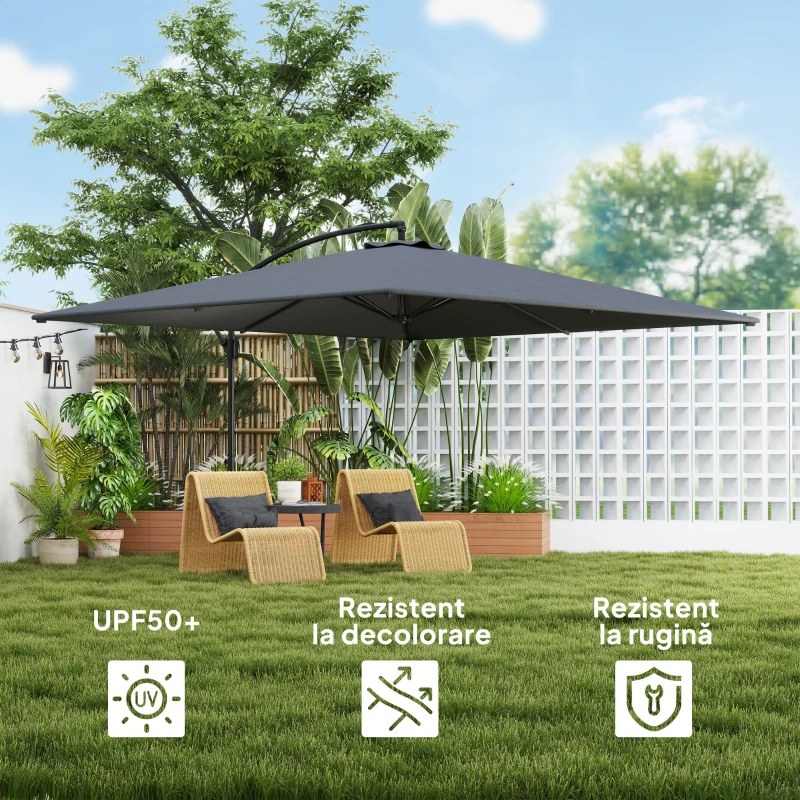 Outsunny Umbrelă Laterală cu Acoperiș Reglabil, Bază în Cruce, Orificii de Ventilație și Manivelă, 355x390x250 cm, Gri