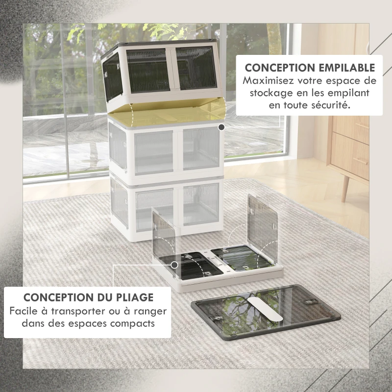 HOMCOM Boîte de rangement pliable et empilable 69L en plastique avec couvercle et 4 roulettes, accès à 5 côtés, blanc