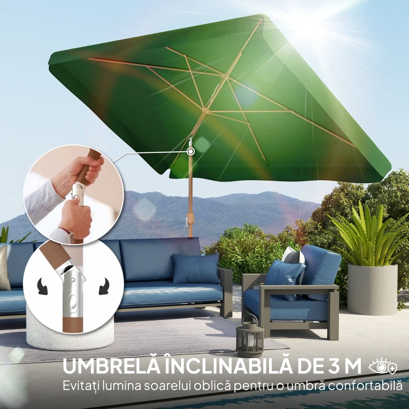 Outsunny Umbrelă de Grădină 2x3 m cu Deschidere cu Manivelă, Înclinabilă și Anti-UV 50+, Verde