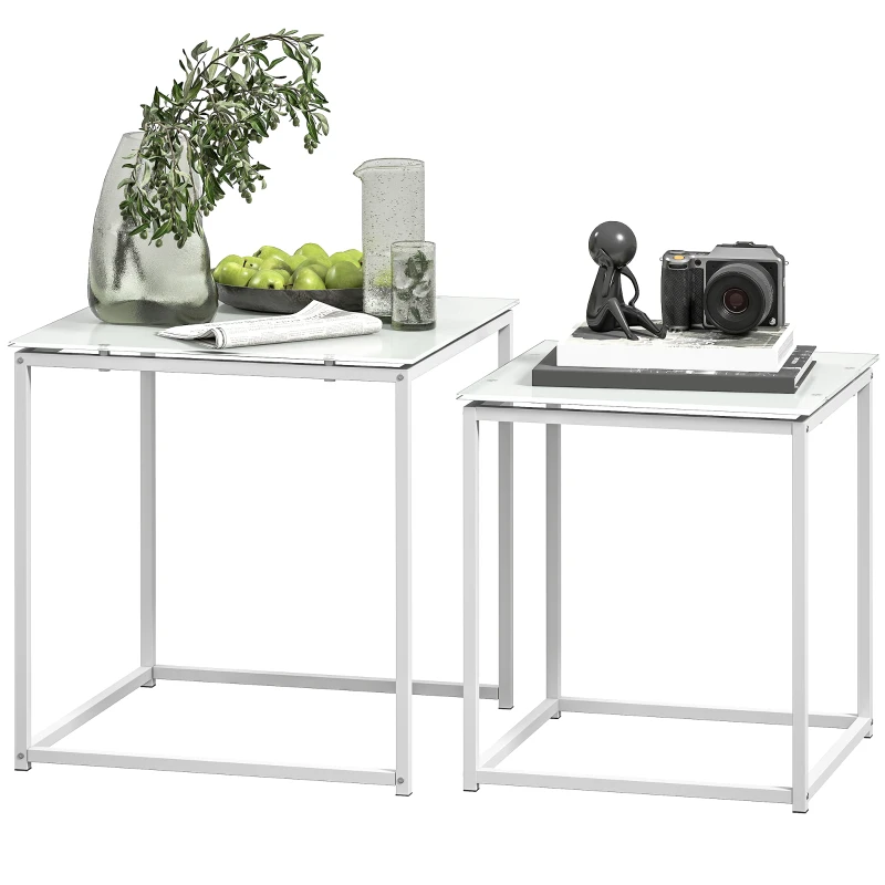 HOMCOM Nest of Tables, Set of 2 Coffee Table, Side Tables with Tempered Glass Desktop and Metal Frame for Living Room, Bedroom, Office, White