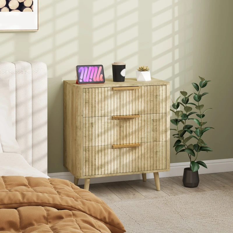 HOMCOM Commode 3 tiroirs avec poignées et pieds de pin, bois effet cannelé, pour chambre à coucher, salon, couloir, chêne