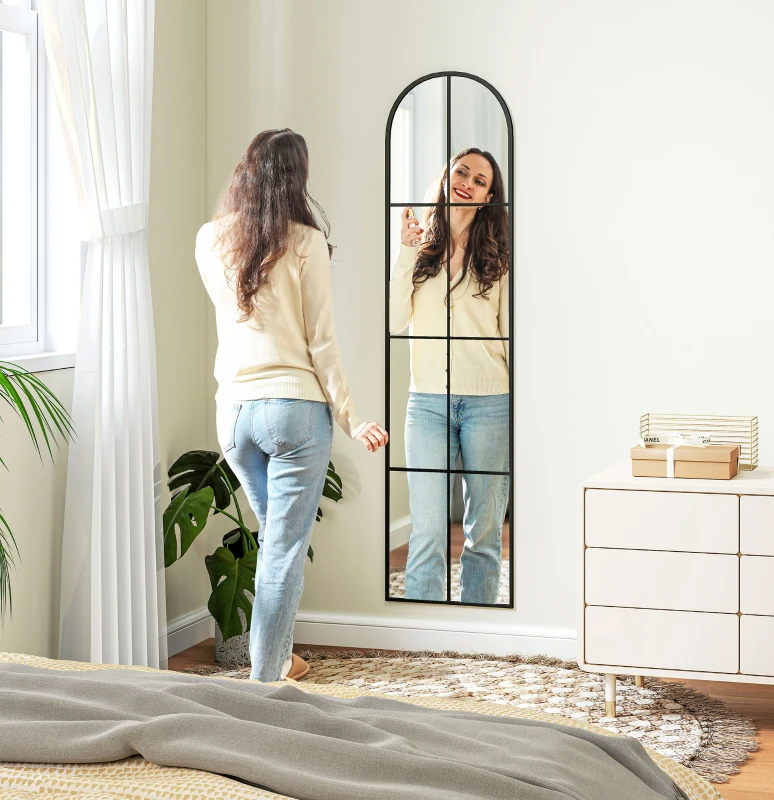 HOMCOM Großer Wand- oder stehender Bogenfenster-Spiegel 40 x 160 cm mit Metallrahmen, Splitterschutzfilm, Schwarz