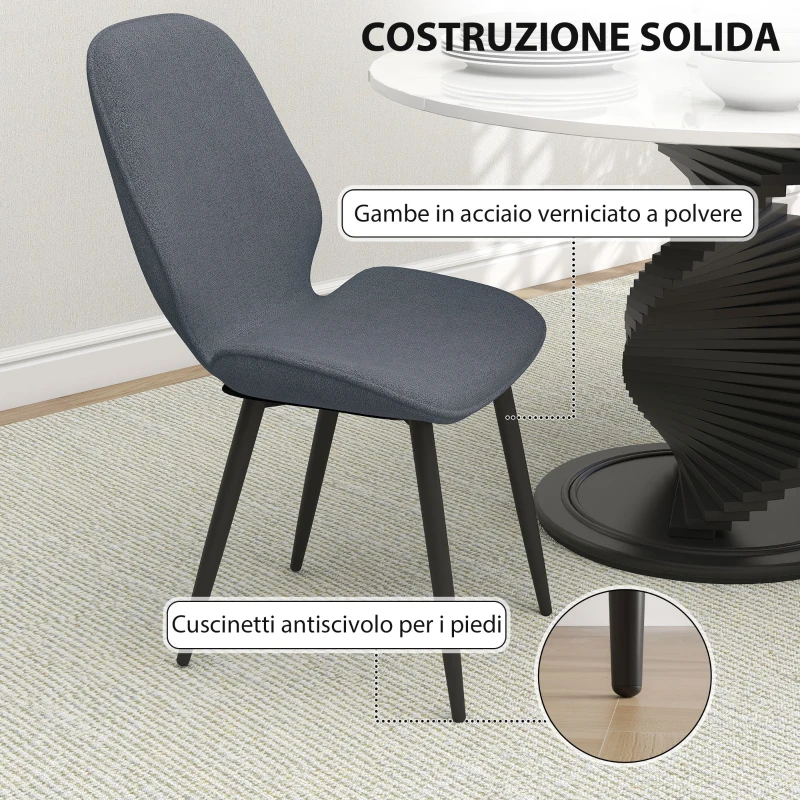 HOMCOM Set 2 Sedie da Pranzo con Schienale Ricurvo, in Tessuto Effetto Lino, Schiuma e Acciaio, 46x56x86 cm, Grigio e Nero