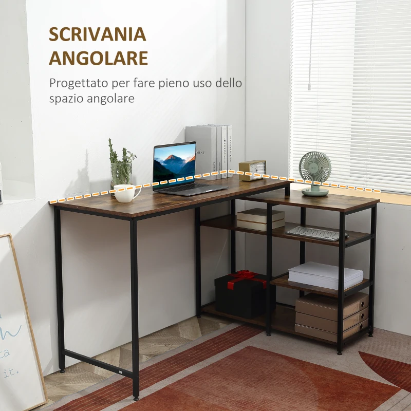 HOMCOM Scrivania Angolare con Scaffale a 3 Ripiani in Stile Industriale, 135x90x79 cm, Marrone e Nero