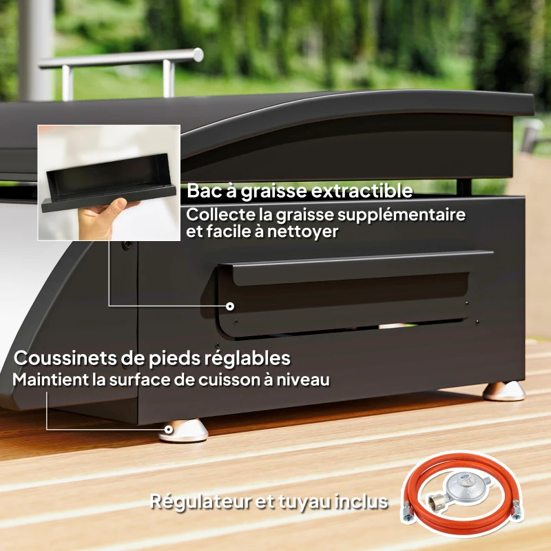 Outsunny Plancha gaz 3 brûleurs 7,5 kW, surface cuisson 61 x 35,5 cm avec couvercle, gaz liquéfié/propane, 63 x 47 x 25 cm noir
