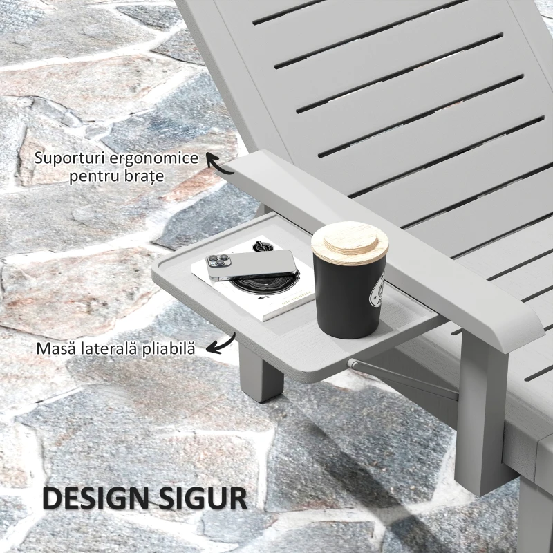Outsunny Set 2 Șezlonguri cu Spătar Reglabil în 5 Poziții, Măsuță și Brațe Ergonomice, 79x158x88 cm, Gri