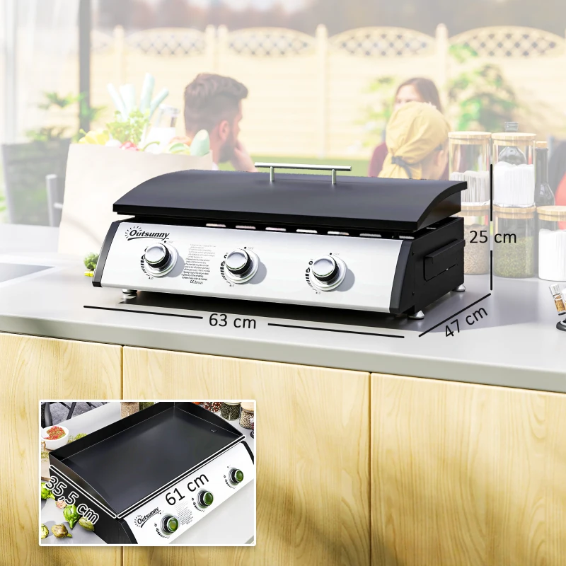 Outsunny Plancha gaz 3 brûleurs 7,5 kW, surface cuisson 61 x 35,5 cm avec couvercle, gaz liquéfié/propane, 63 x 47 x 25 cm noir