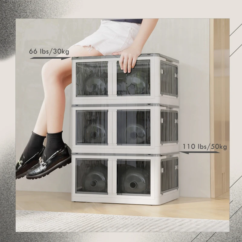 HOMCOM Boîte de rangement pliable et empilable 69L en plastique avec couvercle et 4 roulettes, accès à 5 côtés, blanc