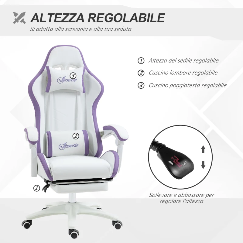 Vinsetto Sedia da Gaming con Altezza Regolabile e Schienale Reclinabile, 65x65x121-129 cm, Bianco e Viola