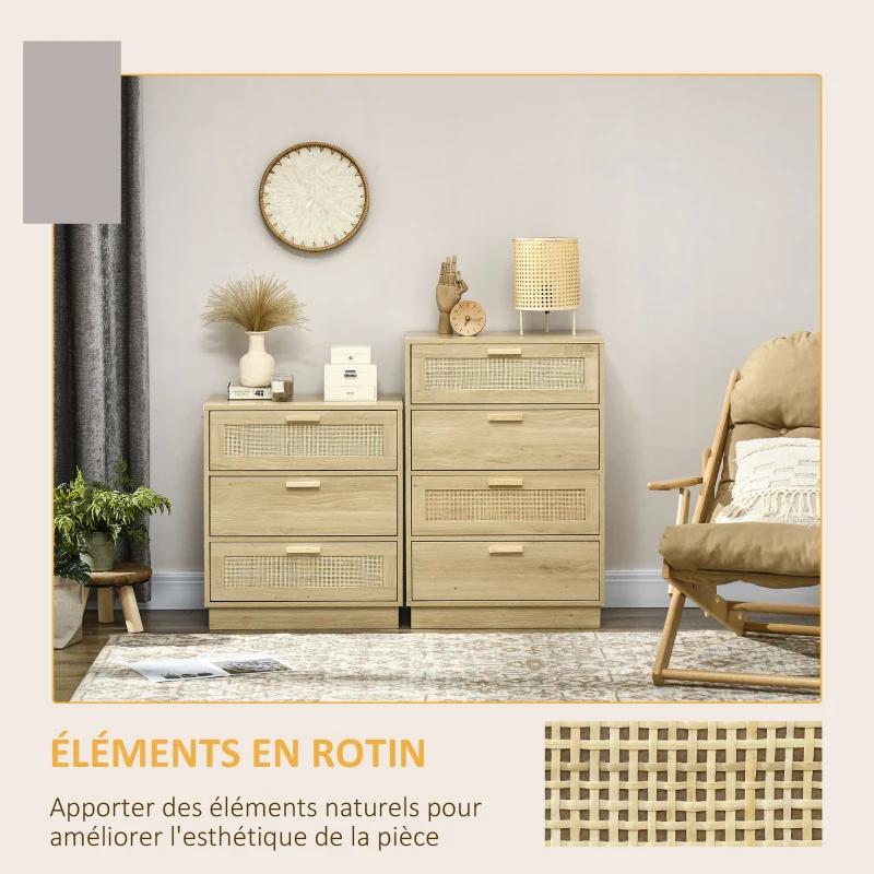 HOMCOM Commode design bohème en rotin avec 3 tiroirs, meuble de rangement pour le salon, le couloir, l'entrée, bois naturel