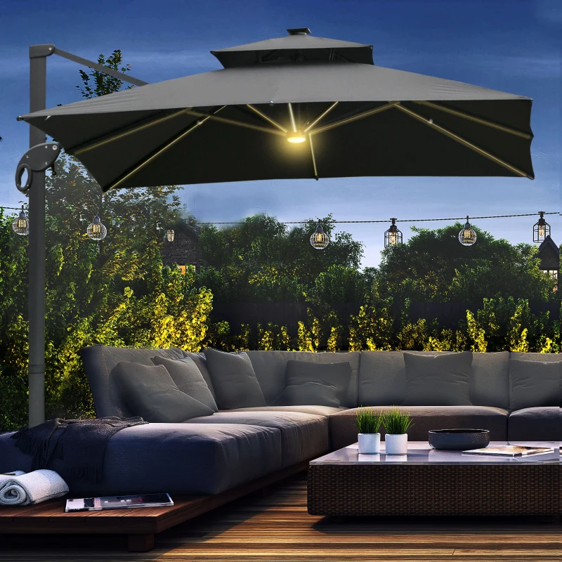 Outsunny Rechteckiger LED-Cantilever-Sonnenschirm, neigbar, drehbar, mit Kurbel, Stahl-Aluminium-Gestell, Maße 3L x 3B x 2,66H m, Polyester Grau