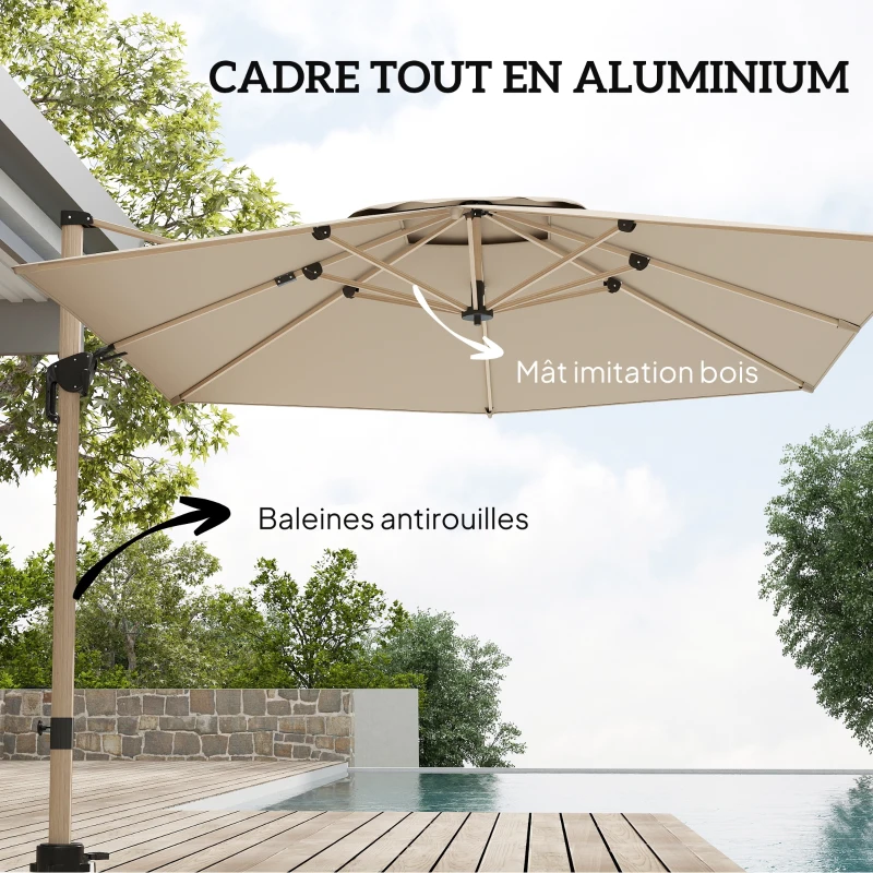 Outsunny Freiarmparasol Gartenparasol hexagonal 4,2 x 3 m mit Kurbel, neigbar, 360° drehbar UPF50+ Khaki