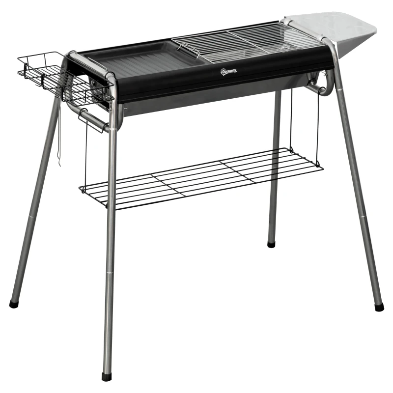 Outsunny Holzkohlegrill mit Grillrost und Platte, Korb und Regalen, 96x61x72cm, Schwarz