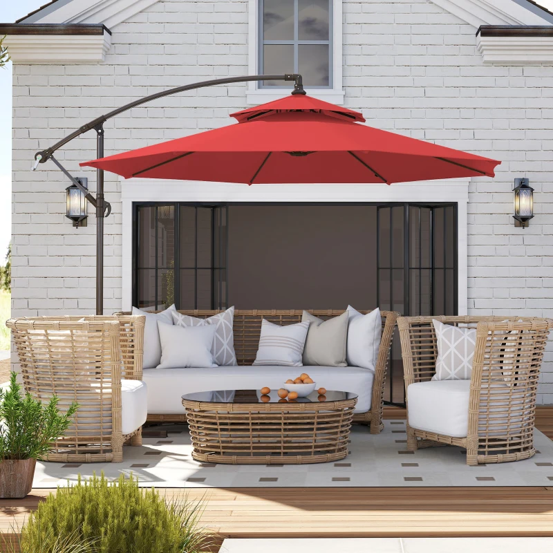 Outsunny Parasol déporté octogonal double toit inclinable manivelle avec pied en croix acier polyester Ø 2,67 x 2,65H m rouge