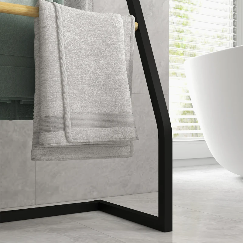 HOMCOM Toalheiro de Pé para Casa de Banho com 4 Barras em Bambu e Aço 40,5x28x98 cm Preto e Madeira
