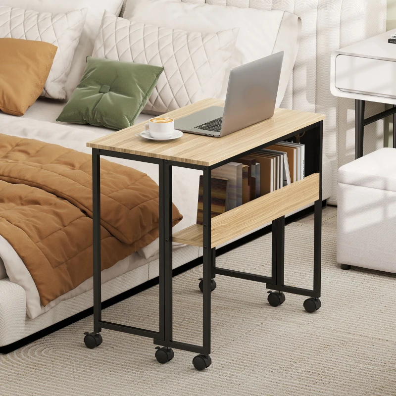 HOMCOM Bureau pliable sur roulettes 80 x 50 cm avec étagère et sac de rangement, chêne