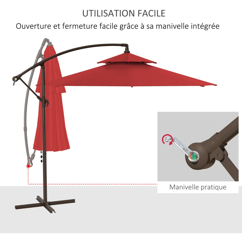 Outsunny Parasol déporté octogonal double toit inclinable manivelle avec pied en croix acier polyester Ø 2,67 x 2,65H m rouge
