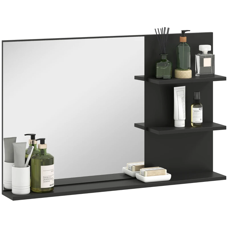 kleankin Badezimmerspiegel Modern mit 2 Seitlichen Regalen und Unterem Regal, aus Holz und Glas, 75x10x48 cm, Schwarz