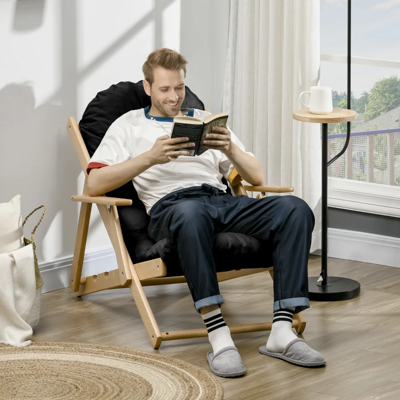 HOMCOM Fauteuil Chaise de Salon Pliable et inclinable en Bois Fauteuil Relax Confortable avec Coussin capitonné épais
