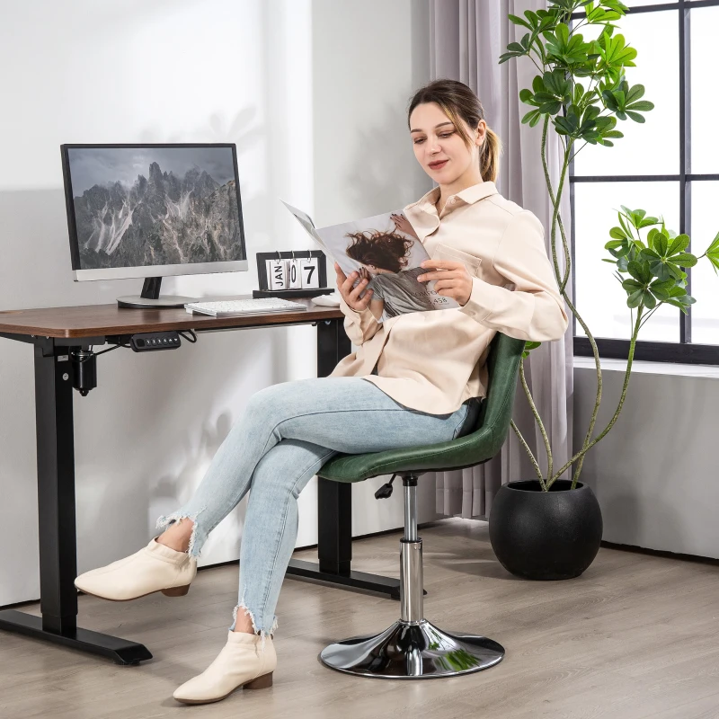 HOMCOM Chaise de bureau sans roulettes et accoudoirs, pivotant avec base en acier, hauteur réglable, en cuir synthétique, vert