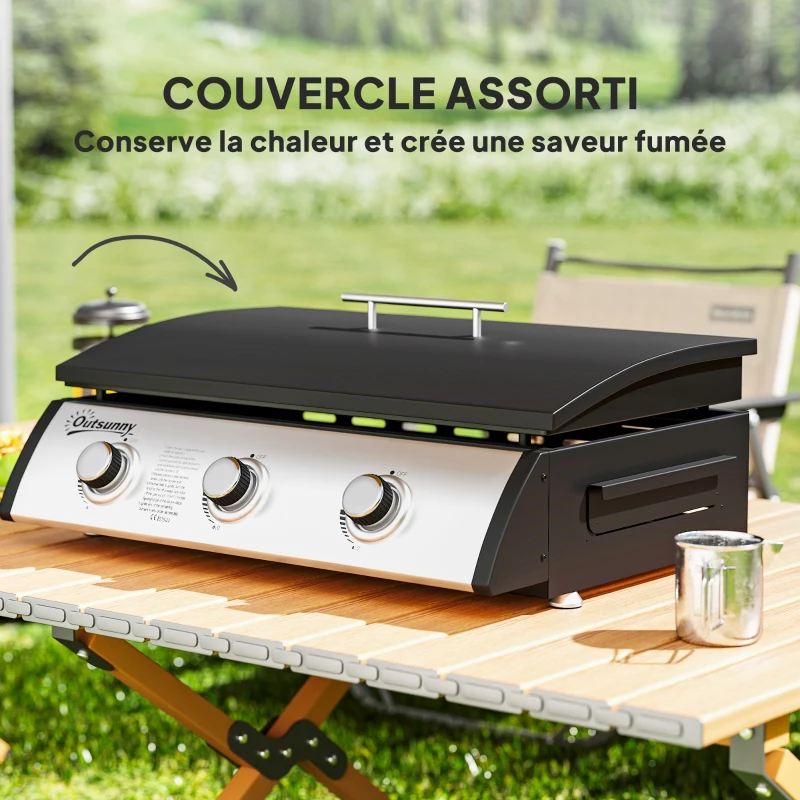Outsunny Plancha gaz 3 brûleurs 7,5 kW, surface cuisson 61 x 35,5 cm avec couvercle, gaz liquéfié/propane, 63 x 47 x 25 cm noir