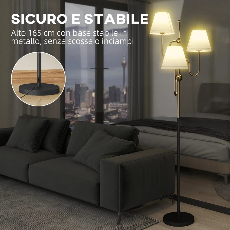 HOMCOM Lampada da Terra Alta 165 cm con 3 Punti Luce e Interruttore a Pedale, Attacco E27 Max 40W, Oro