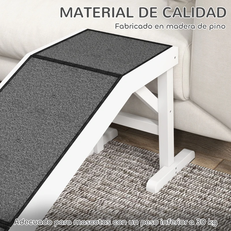 PawHut Rampa para Mascotas de Madera con Alfombra Antideslizante para Perros Pequeños o Mayores 152x40x50 cm Blanco y Gris