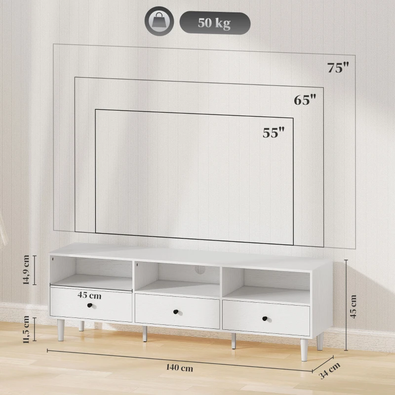 HOMCOM TV-Ständer für bis zu 75" mit 3 Schubladen, 3 offenen Regalen und Kabelmanagement, 140 x 34 x 45 cm, weiß