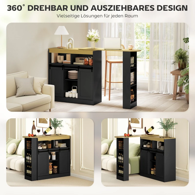 HOMCOM Uitschuifbare Bartafel, Omvormbaar naar L-Vorm, Veel Opbergruimte, 3 Verstelbare Planken, Spaanplaat, MDF, Zwart(m-4)