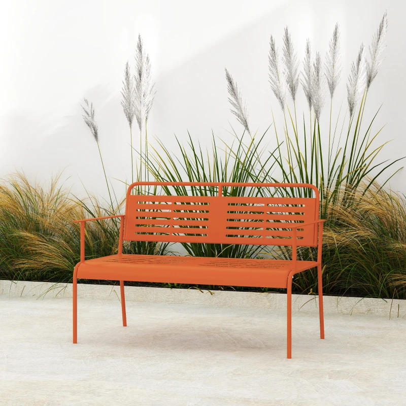 Outsunny Gartenbank 2-Sitzer Gartenbank im Freien aus Stahl mit Armlehnen und Rückenlehne, für Balkon 121 x 64 x 84 cm, Rot