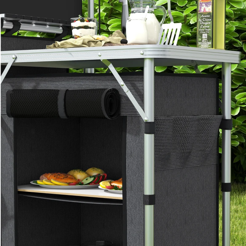 Outsunny Faltbare Campingküche mit 3 Ebenen, 5 Innenregalen und 4 Haken, 172x48x119 cm, Schwarz