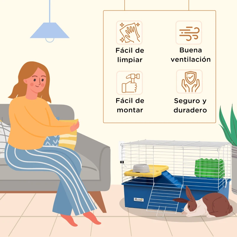 PawHut Jaula para Animales Pequeños Recinto para Conejos Pequeños Chinchillas Cobayas con Bandeja Rampa 71x46x47 cm Azul