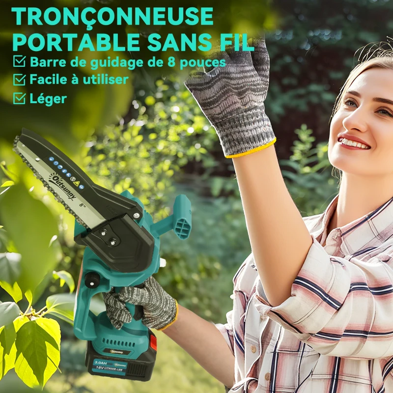 Outsunny Mini tronçonneuse à batterie 8 pouces 6000mAh 580W élagueuse sans fil pour branches et jardin perche télescopique bleu(m-9)